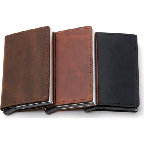 Zovyvol 2021 Genuine Leather Rfid Anti-Theft Credit Card Holder Aluminum Box Slim Clutch Pop-Up Smart Wallet For Business Men