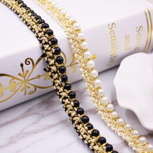 1 Yards Black Gold Nylon Gold Pearl Beaded Lace Ribbon Trim African Lace Fabric Embroidered Handmade Costume Dress Skirt Sewing