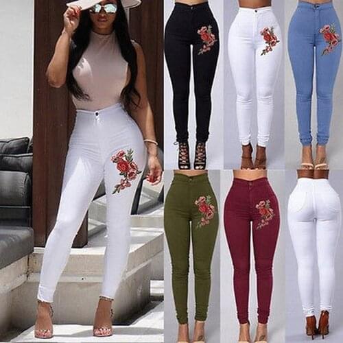 Zoulv 2021 High Quality Long Slim Trousers Embroidery Floral Fashion Women High Waist Skinny Stretch Pencil Pants