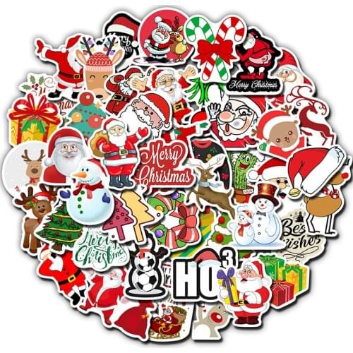 50PCS Christmas Sticker Gifts Toy For Children Santa Claus Reindeer Cartoon Decal To Snowboard Skateboard Helmet Guitar Stickers