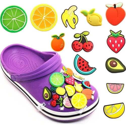 Free shipping 6 pcs/set Fruit Croc Charms PVC Novelty Shoes Accessories Shoe Decoration Buckle fit JIBZ Party X-mas Kids Gifts