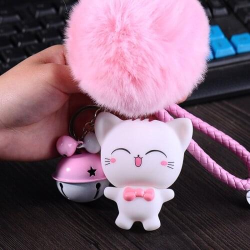 Cartoon Kitty Cat Animal Fluffy Rabbit Fur Pom Pom Keychain Doll Key Ring Women Car Purse Key Chains Leather Rope Trinkets D179