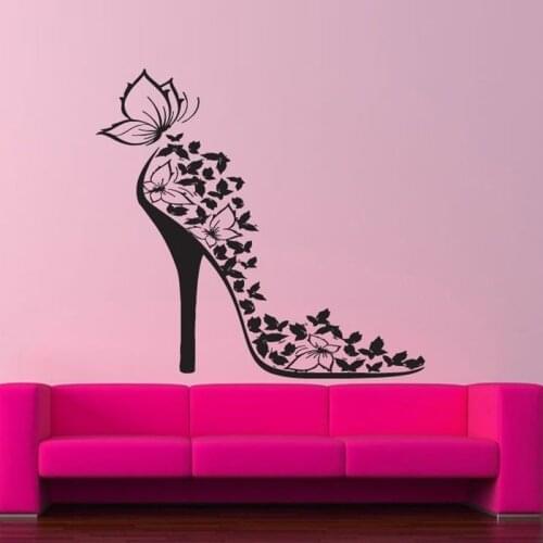 Girls Shoe Butterfly Wall Stickers for Living Room Beauty Salon Wallpaper Home Decoration Vinyl Wall Decals Art Decor YY191