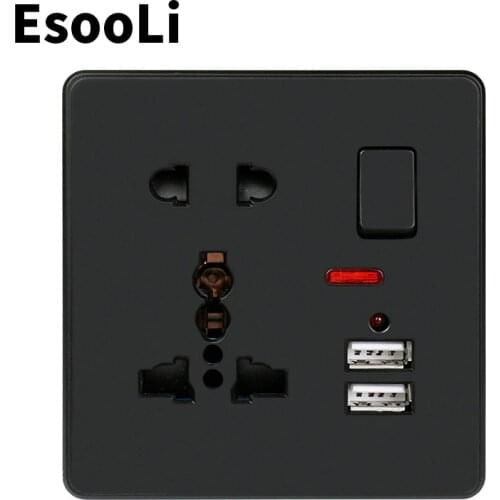 EsooLi Black Wall Power Socket 13A UK Standard Switched Outlet 2.1A Dual USB Fast Charger Port LED indicator Curved surface