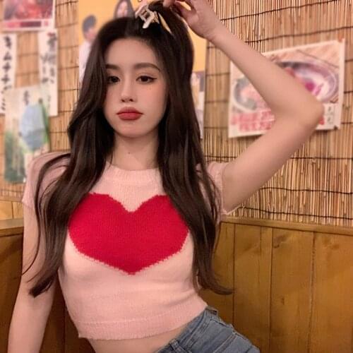 Summer Short Sleeve Casual Tee Shirts Love Shaped Knitted Sweet Tops Fashion Women T-Shirts