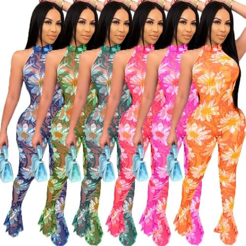 Cutubly Backless Print Rompers Halter Sexy Jumpsuit Women 2020 Summer Playsuit for Women Boot Cut Pant Casual Jumpsuit Fashion
