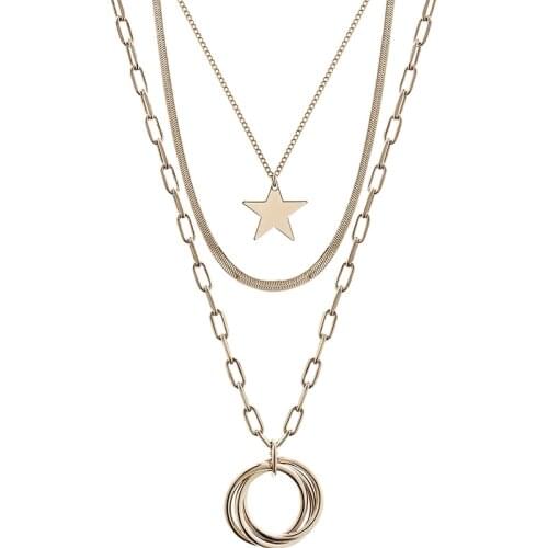 Multi Layer Geometric Circle Star Necklace Pendant For Women Hiphop Style
