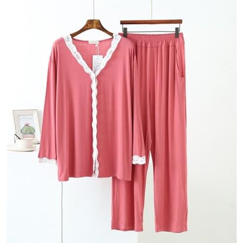 Fashion Ladies Modal V-neck Lace Pajamas Two-piece Cardigan Large Size Long-sleeved Loose Home Service Women Sexy