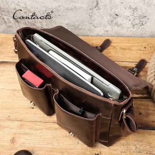 CONTACTS Men Briefcase Bag Crazy Horse Leather Men Shoulder Bag Luxury Brand Messenger Bag for 13.3" Laptop Male Crossbody Bags