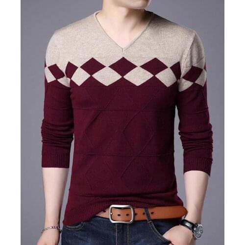 Chic Men Casual Sweater V Neck Slim Knitting Men Striped Sweaters Long Sleeve Color Block Pullover Knitwear Elastic Slim Sweater