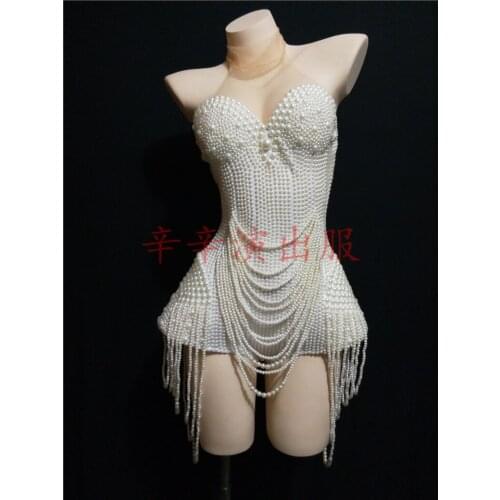 Custom White Pearl Beading Bodysuit Jazz Dance Outfit Evening Stage Show Performance Costume Prom Birthday Bar Women Singer