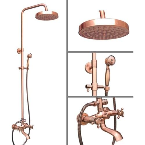 Antique Red Copper Wall Mounted Rain Bathroom Rainfall Shower Faucet Set with Hand Spray Shower Head Tub Mixer Tap 2rg512
