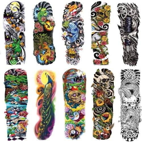 Wholesale New Waterproof Temporary Tattoo Large QB Serial 17*45cm Full Arm Body Sticker Dragon Skull Tatuajes Removable 500pcs