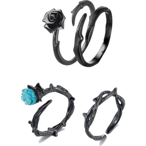 Gothic BLack Thorns Punk Couple Rings Paired Blue Crystal Rose Statement Finger Ring for Men Women Best Friends Fashion Jewelry