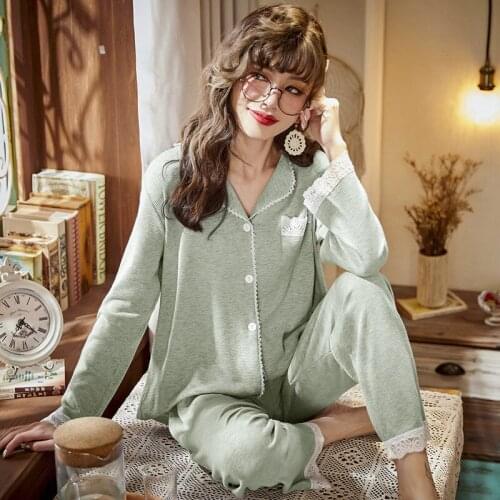 Spring V-neck Ladies Pajamas Casual Cardigan Sleepwear Women Lace Pocket Long Sleeve Sleepwear Viscose 2 Piece Lounge Wear 2021