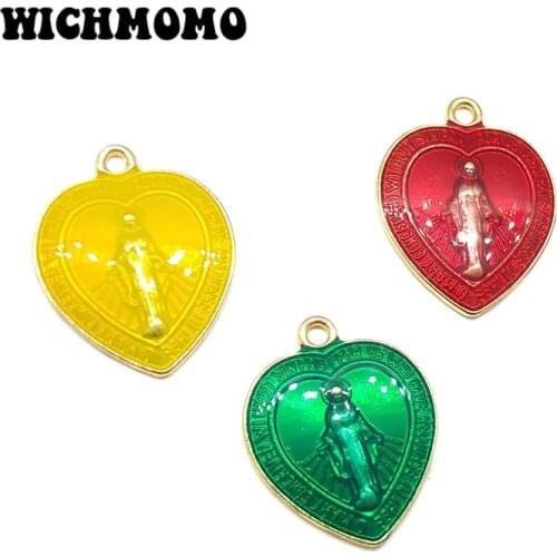 New 6pcs 24*19MM Zinc Alloy Candy Colors Drop Oil Heart Religious Figure Charms Pendant DIY Jewelry Necklace Earring Accessories