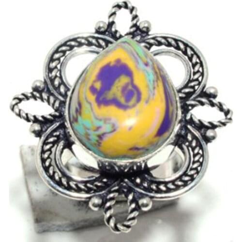 Rainbow Calsilica Ring Silver Overlay over Copper , Size: 7.5, FRR0154