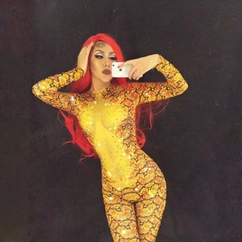 Gold Snake 3D Printed Stage Jumpsuit Sparkling Crystals Bodysuit for Nightclub Party DJ DS Singer Stage Wear Women Sexy Costumes
