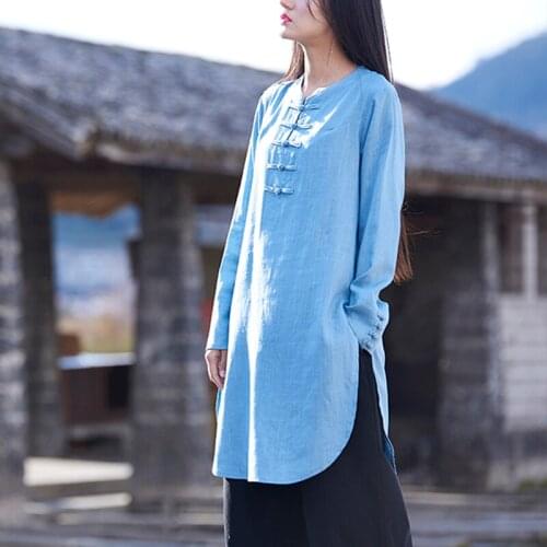 Tops Women Cotton Linen Solid Color Vintage Chinese Style Spring Autumn Female Clothes Long Sleeve Loose Casual Women Tops