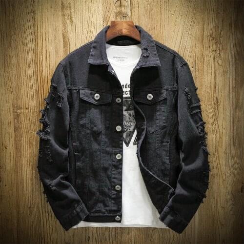TANG Autumn Hole Denim Jacket Men Ripped Cowboy Jackets Coat Male Slim Fit Solid Casual Coats Cotton White Black Plus Size 5XL
