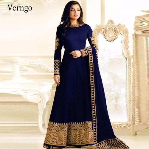 Verngo Navy Blue Dubai Arabic Caftan Evening Dresses Gold Embroidered Long Sleeves Moroccan Kafan Formal Party Gowns Suit