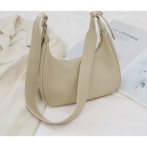 Vintage Underarm Shoulder Bags for Women Simple Style Baguette Female Bag Purse Solid Color PU Leather Armpit Handbag Crossbody