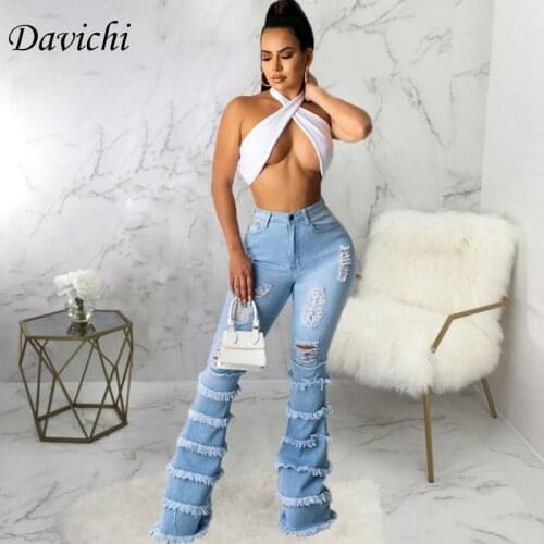 NiMi Light Blue Women For Ripped Jeans Ladies Wei La High Waist Splicing Elasticity Flare Washed Pants Vintage Jeans 2021