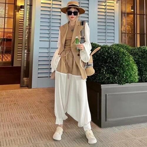 Drawstring Sets For Women Notched Flare Sleeve Blazer High Waist Harem Pants Casual Hit Color Sets Female Fashion