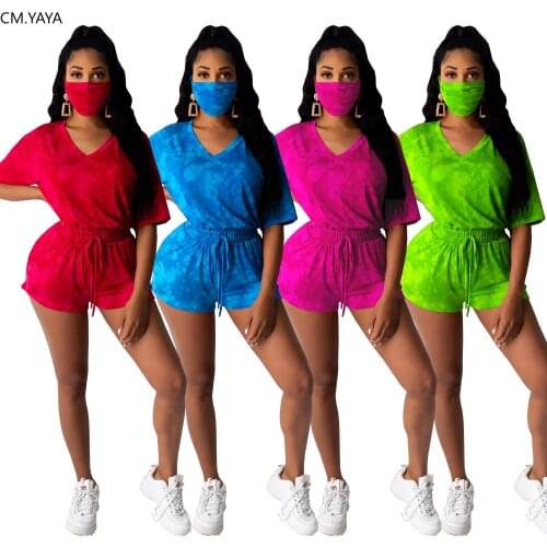 CM.YAYA women summer tracksuit tie dye print v-neck tops shorts jogger pants suit sport two piece set matching set outfits