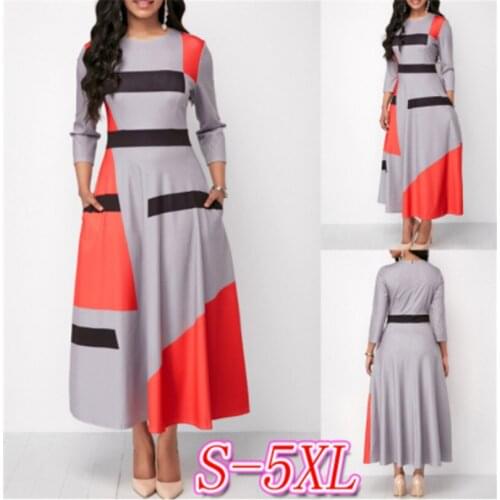 Summer Autumn Dress Women 2019 Casual Plus Size Slim Striped Maxi Dresses Elegant Sexy Patchwork Long Party Dress 5XL
