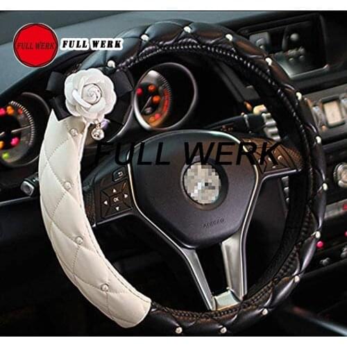 1pc 38cm Car Steering Cover Women Girls Steering Wheel Wrap Protector Cover with Camellia Flower Car Decoration Accessories