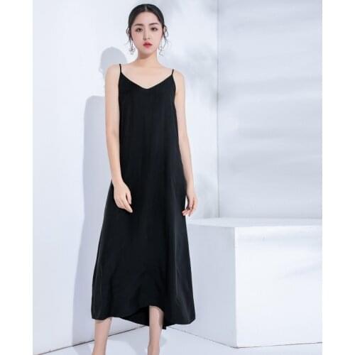 2020 black summer women dress high quality CUPRO rayon straps Dress with v-neck long to ankle sexy normcore