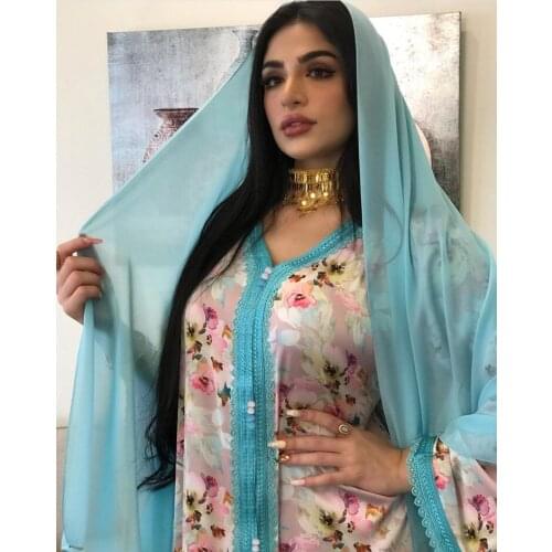 2021 New Pink Floral Plus Size Fashionable Maxi Dress Women Dubai Turkey Arabic Moroccan Kaftan Muslim Long Sleeve Abaya