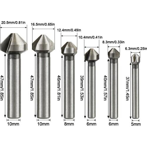 6pcs 3 flute 90 degree HSS Chamfer Cutter Chamfering Drilling Mill Drill Set Milling Cutting Tool Set