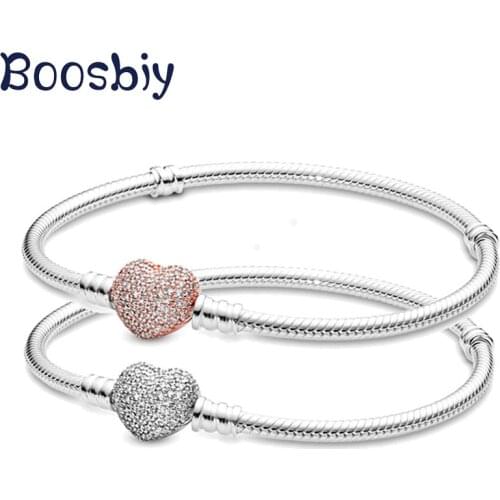 Boosbiy Luxury Crystal Heart Shape Clasp Snake chain Charm Bracelet Fit Brand Bracelets For Women DIY Jewelry Gift Making