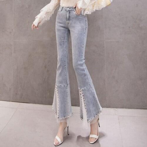 Brand Luxury Beading Stretch Slim Fit Flare Pants Women Fashion Split Lace High Waist Jeans Female Casual Trousers Vintage Blue