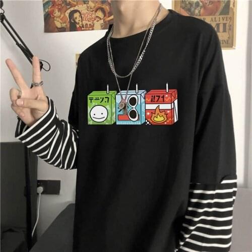 Juice Boxs Dream Smp T-Shirt Women Harajuku Korean Fashion Long Sleeve Oversized Tops Summer Fake Two Piece Stripes Tshirt Male