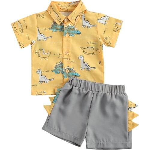 Kids Boys Fashion 2-piece Outfit Set Short Sleeve Cartoon Dinosaur Print Shirt+Shorts Set 1-6T