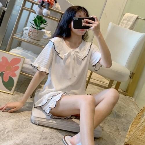 Summer Womens Pajamas Sets Cotton Sweet Pure Color Short Sleeve Shorts Comfortable Female Sleepwear Home Clothes Thin Nightwear