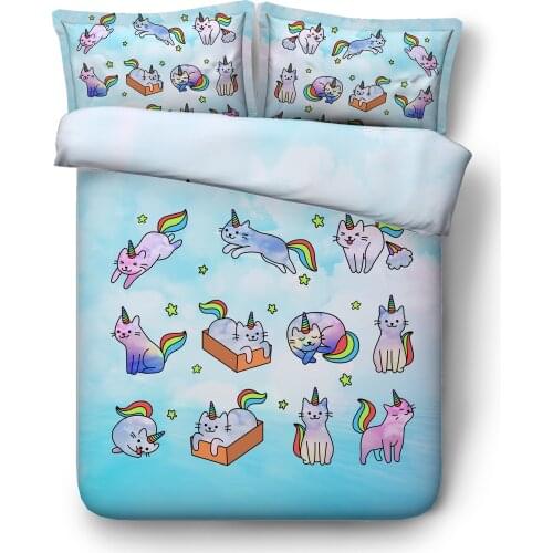 KTLRR Unicorn Cat Duvet Cover Set,Cute Kitties Colorful Cat Gestures Design Bedclothes,Home Bedroom Decorative 3 PCS Bedding Set