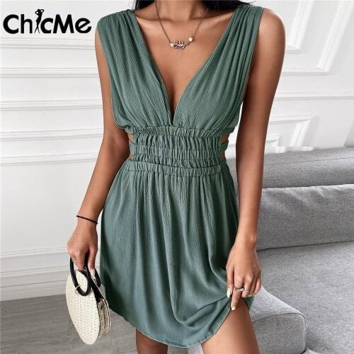 Chicme Summer Women Mini Plunge Cutout Ruched Backless Dress Sleeveless Deep V Neck Solid Color Party Fashion Sexy Casual Elegan
