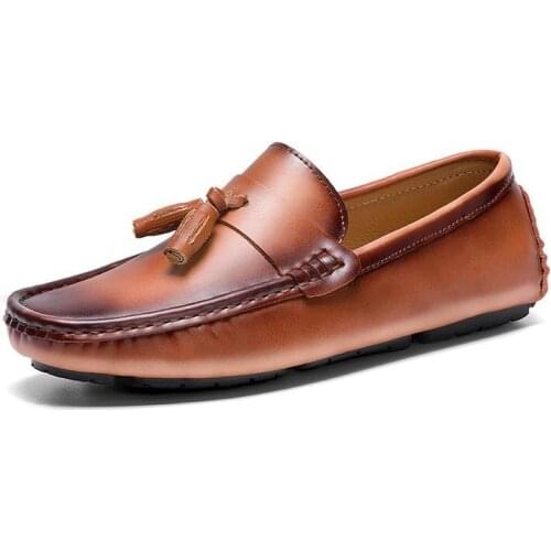 Genuine Leather Tassel Loafers Men Classic Business Loafers Driving Shoes Vintage Designer Shoes Slip On Office Flats Men Brown