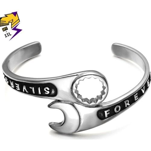 Punk Biker Wrench Tools Bangle Vintage Men Stainless Steel Wrench Mechanic Spanner Bangle Wristband Cuff Bracelet