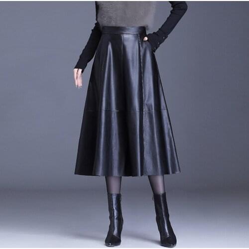 Autumn New Women pu leather skirt Elastic waist ladies Large Swing Long Skirt girl winter faux leather female Split skirt black