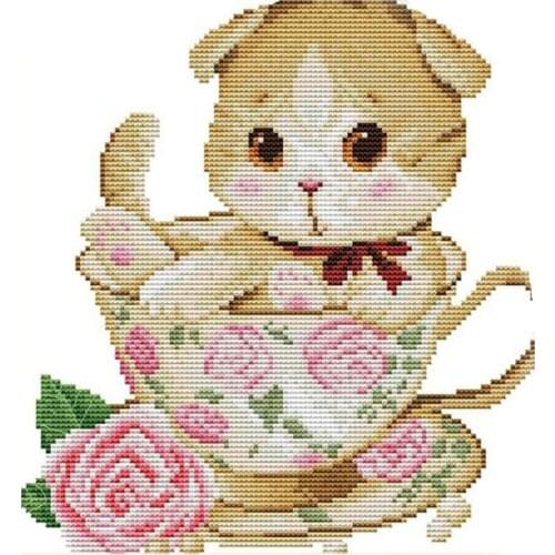 New Cross Stitch Kits Stamped Full Range of Embroidery Starter Kits for Beginners DIY 11CT 3 Strands - Teacup Cat