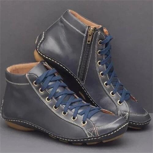 New Womens Round Toe Casual Womens Leather Shoes, Leather Boots, Front Lace-up Martin Boots, Low-heeled Womens Shoes