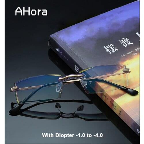 Ahora Men Rimless Finished Myopia Glasses Blue Light Blocking Shortsighted Nearsighted Glasses Male Women +1.0 1.50 2 2.5 3 3.5