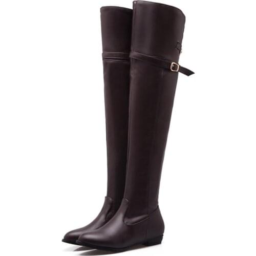 Oversized Solid Color Long Knight Boots Side Zip Low Heel Round Toe Double Row Belt Buckle Over The Knee Boots