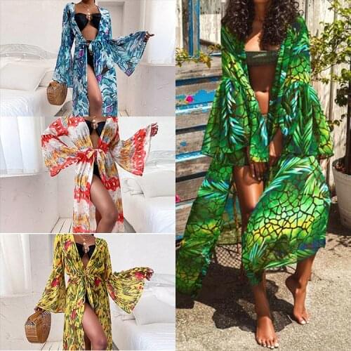 Lantern Sleeve Lace-up Cardigan Dress Summer Seaside Vacation Beach Dress Bohemian Style Fashion Printing Comfortable Maxi Robe