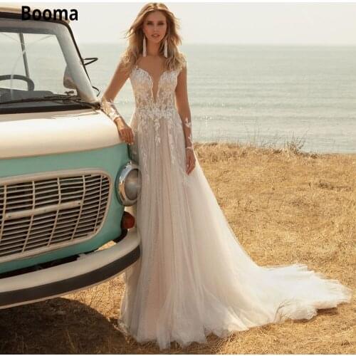 Booma Champagne Boho Beach Wedding Dresses Lace Appliques Bridal Gown Plus Size illusion Tulle Vintage Wedding Gown Long Sleeve